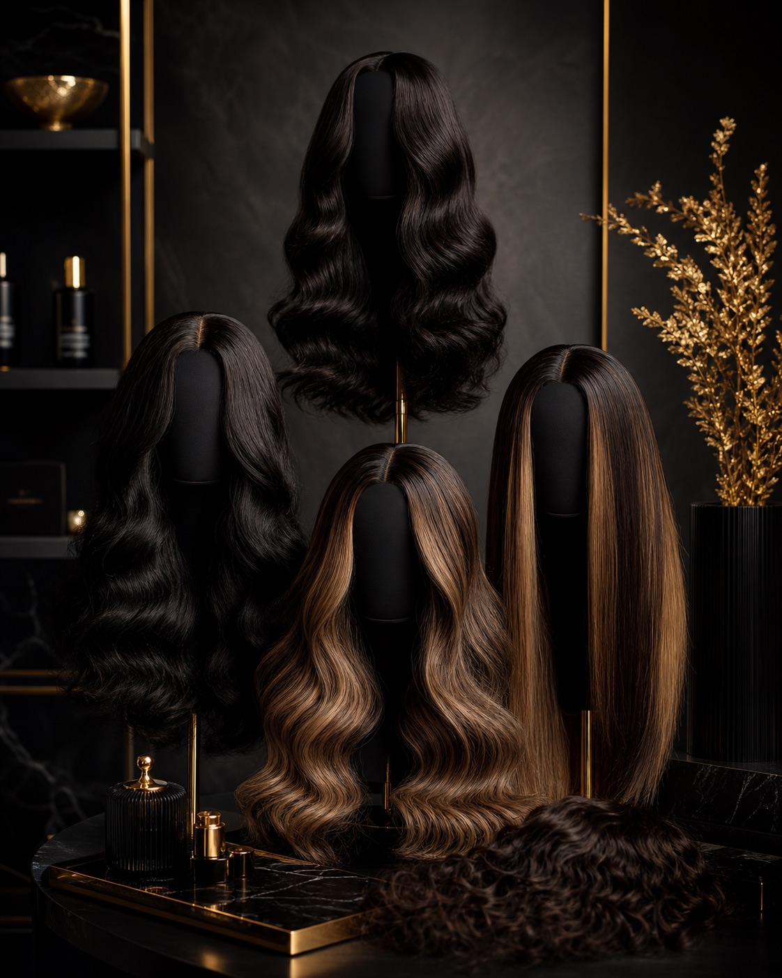 Luxury wig collection arranged in a dark editorial display