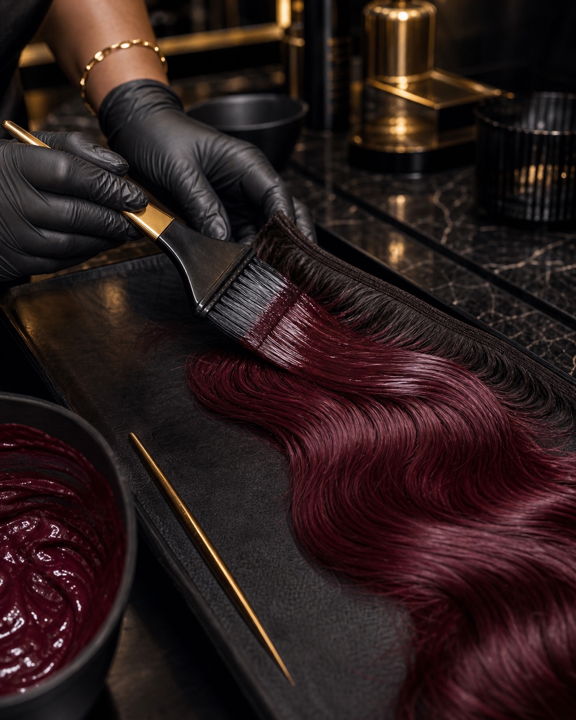 Color brush applying a rich burgundy glaze to hair