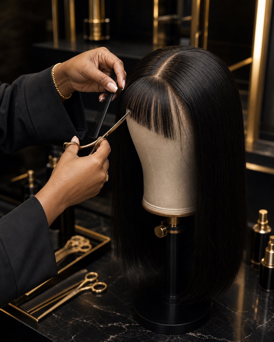 Stylist trimming bangs on a black wig during customization