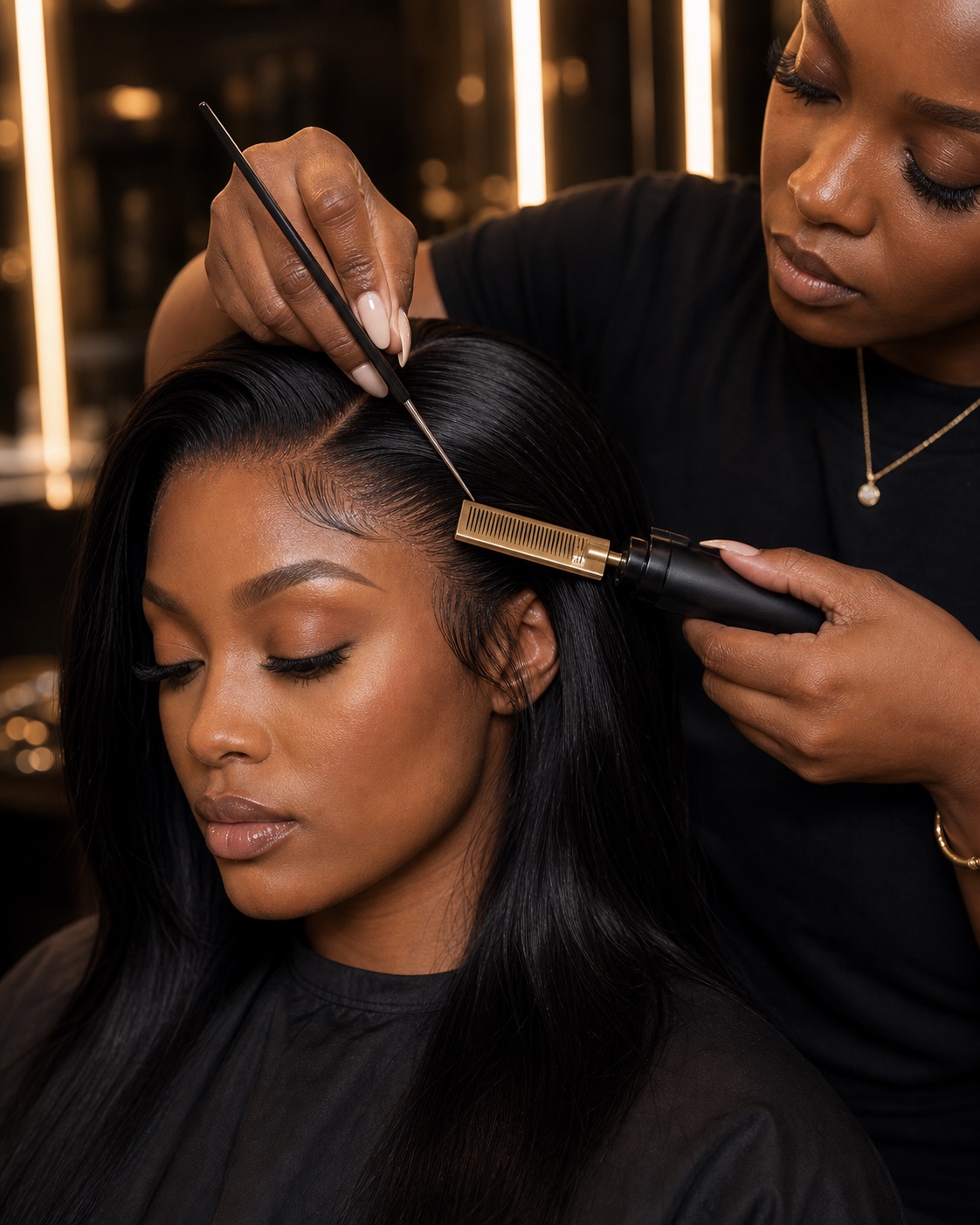 Stylist melting lace and detailing baby hairs during wig installation