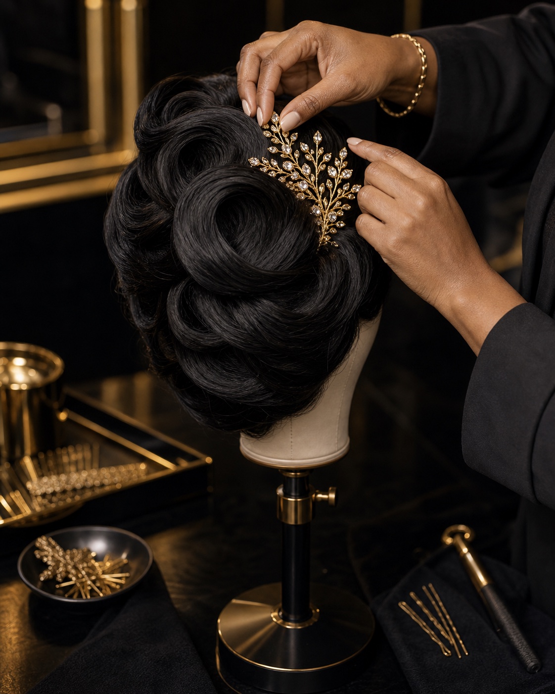 Gold accessory being placed into a sculpted black luxury updo