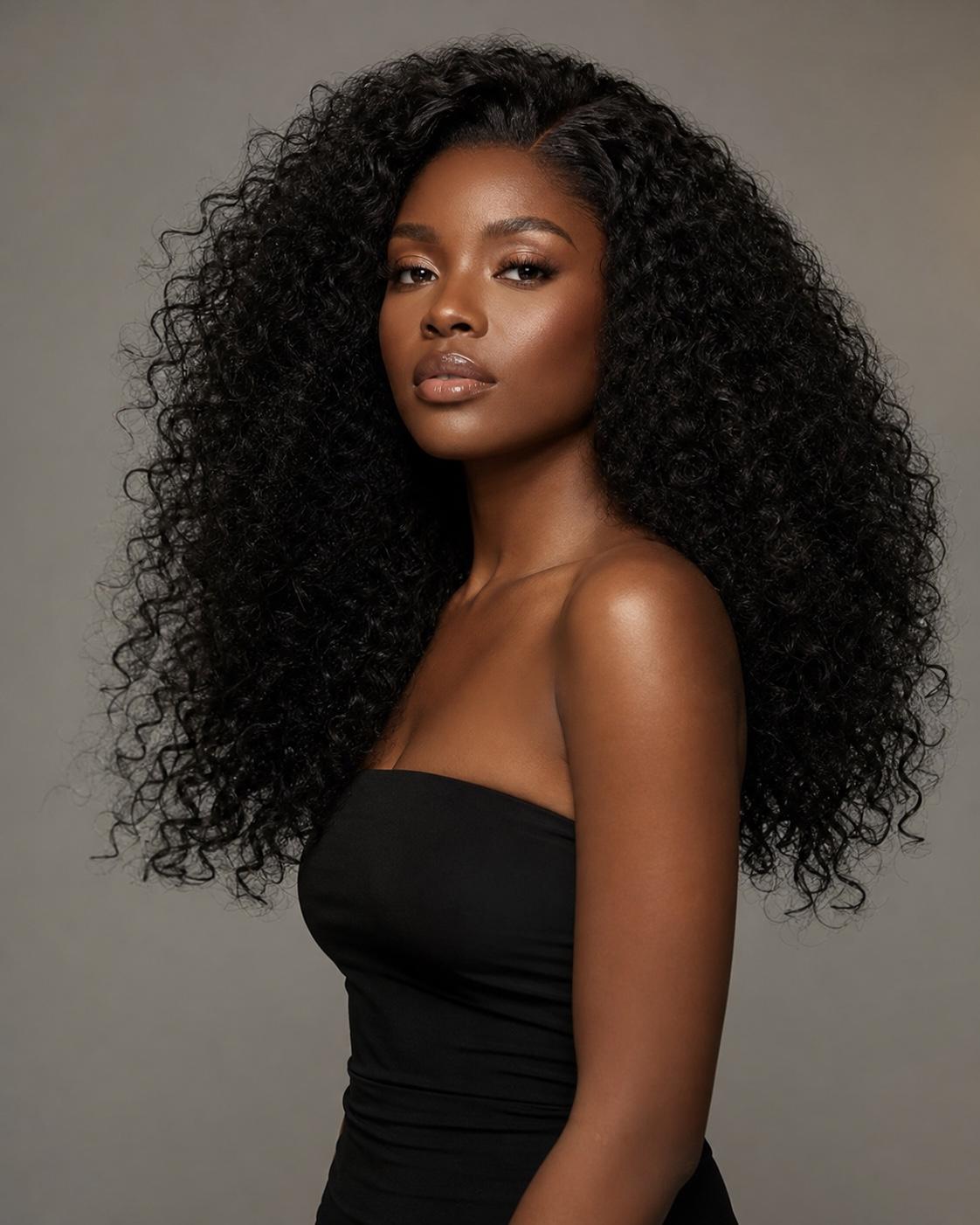 Luxury wig collection styled in an editorial display