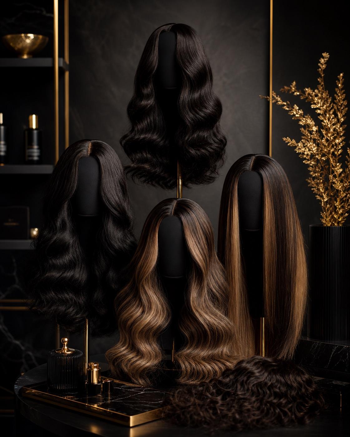 Luxury wig collection arranged in a dark editorial display