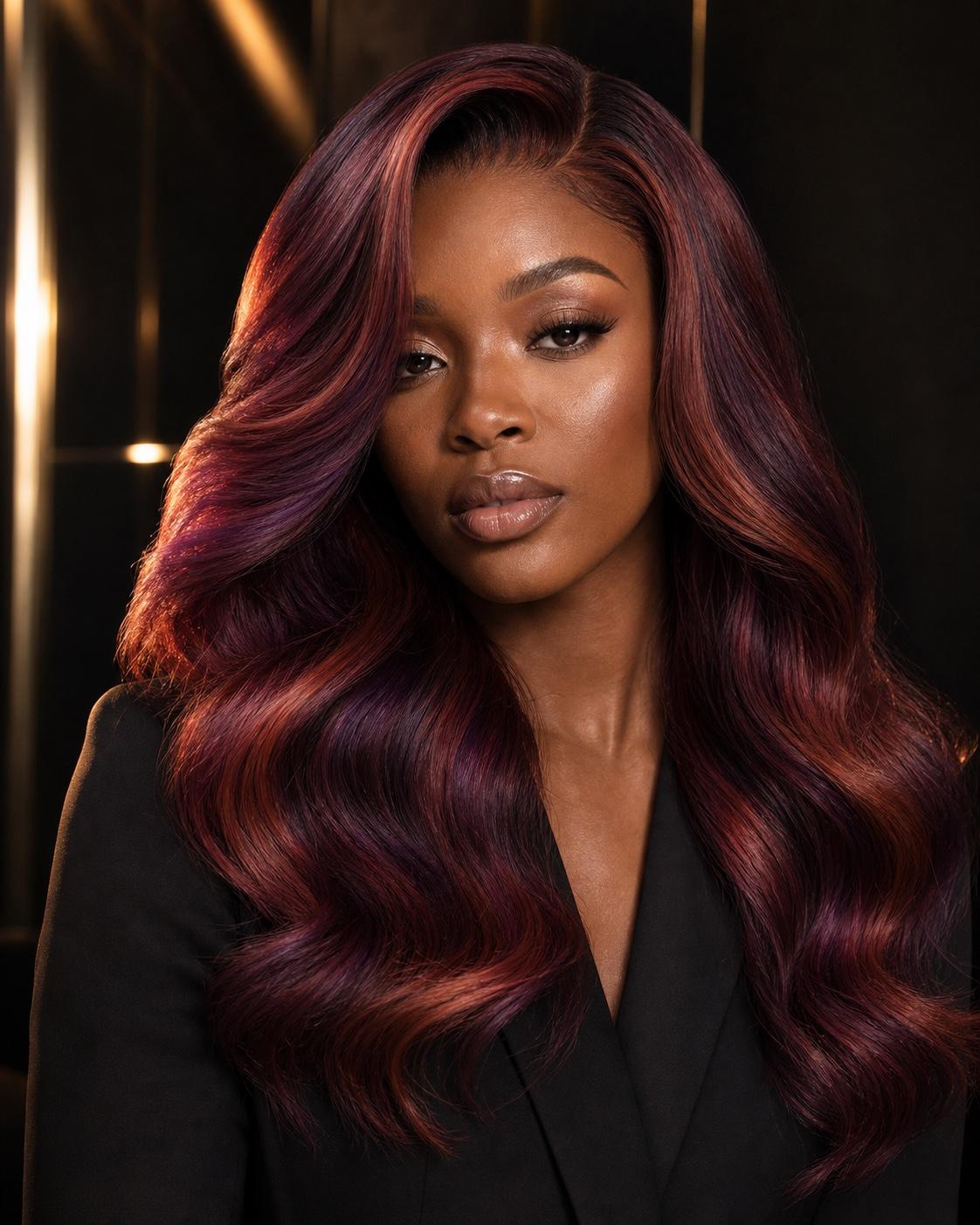 Model wearing a burgundy and violet custom colored wig