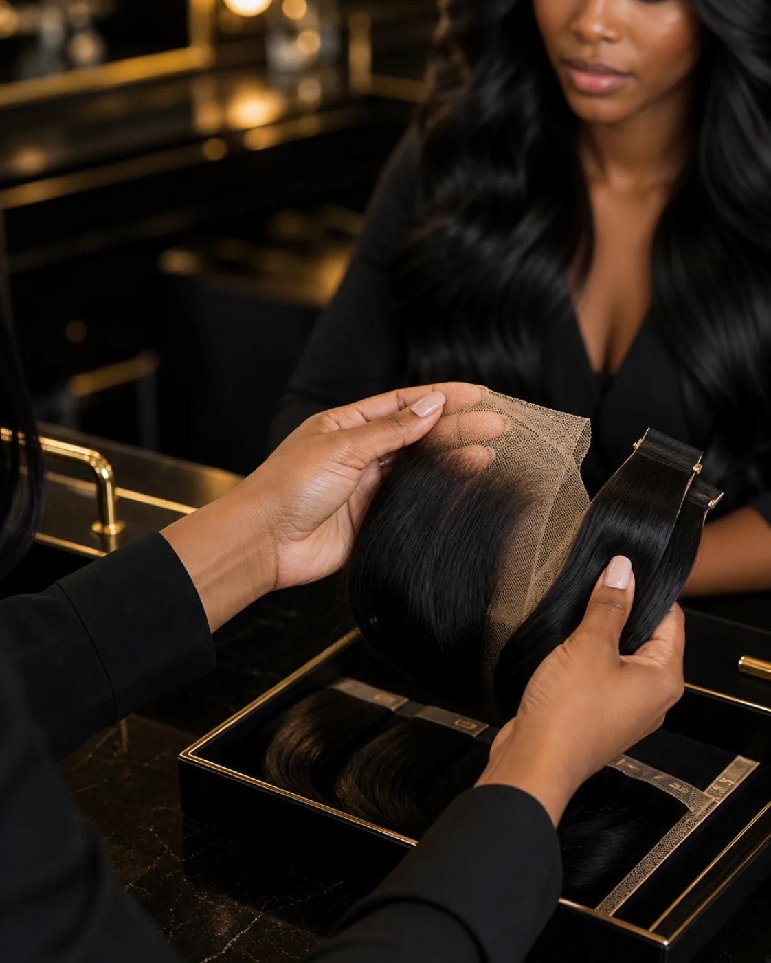 Stylist reviewing lace and hair samples during a consultation