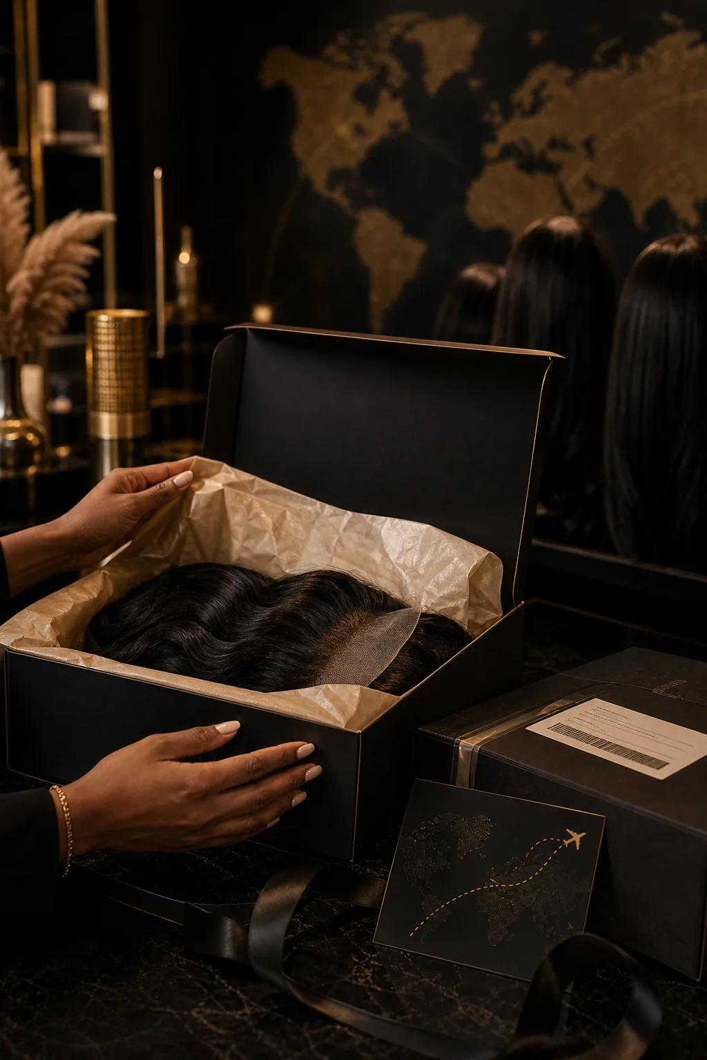 Luxury wig packaged in a black box with worldwide delivery details