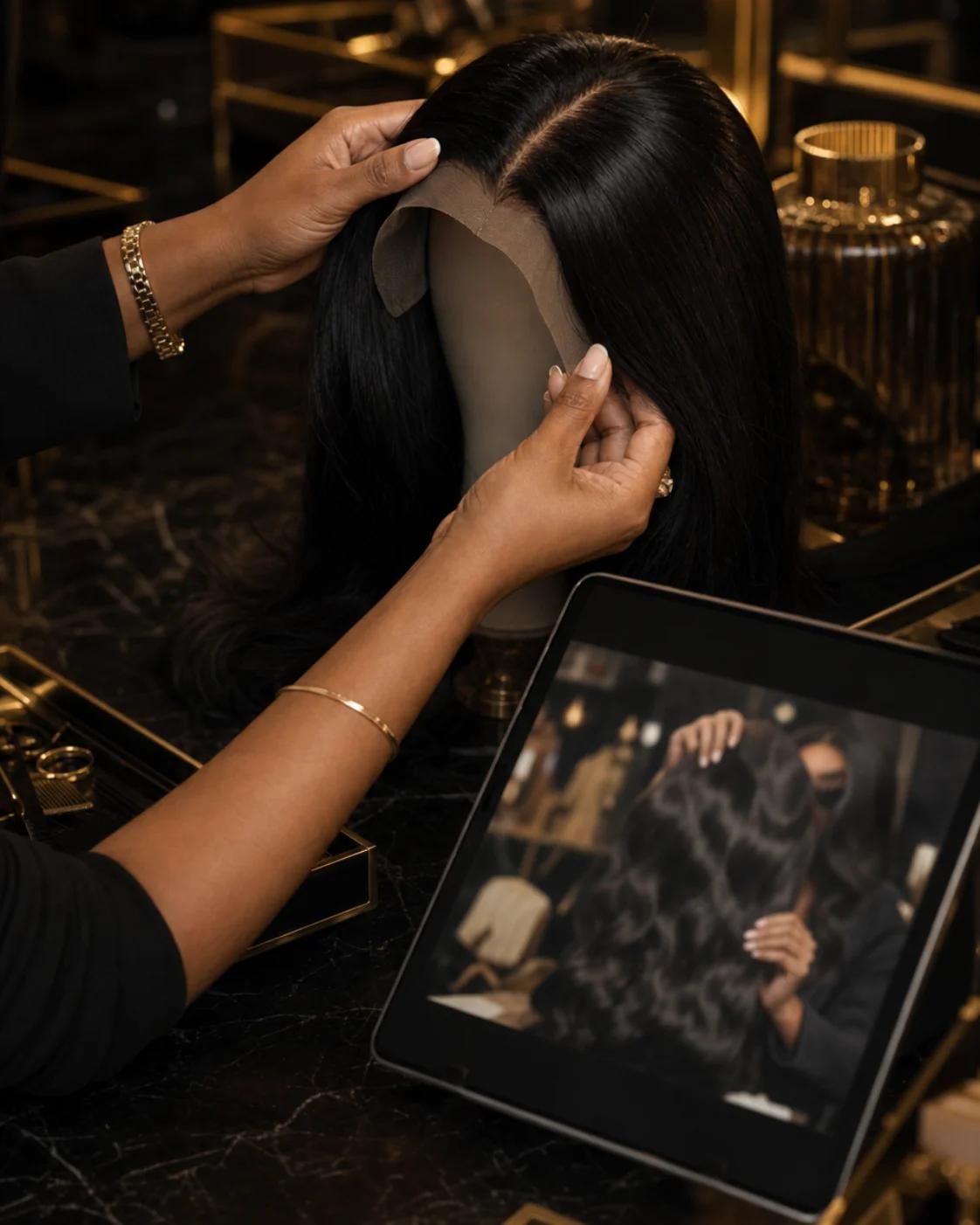 Stylist presenting a luxury lace wig beside a live video session