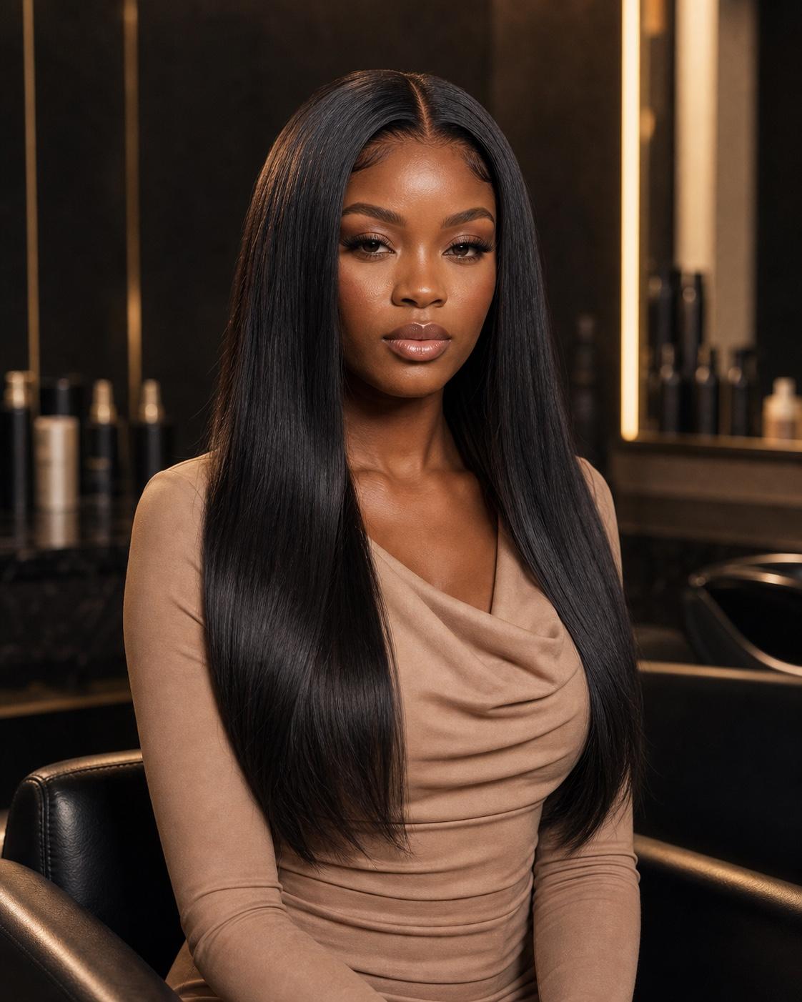 Model wearing a refined long wave HD lace wig