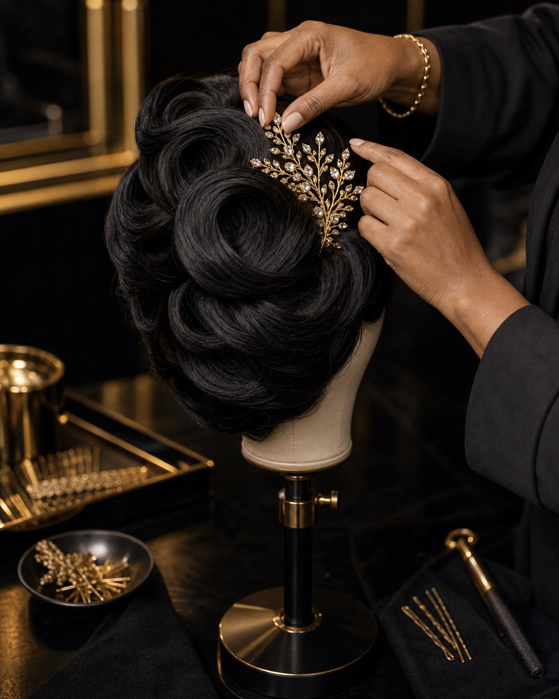 Gold accessory being placed into a sculpted black luxury updo