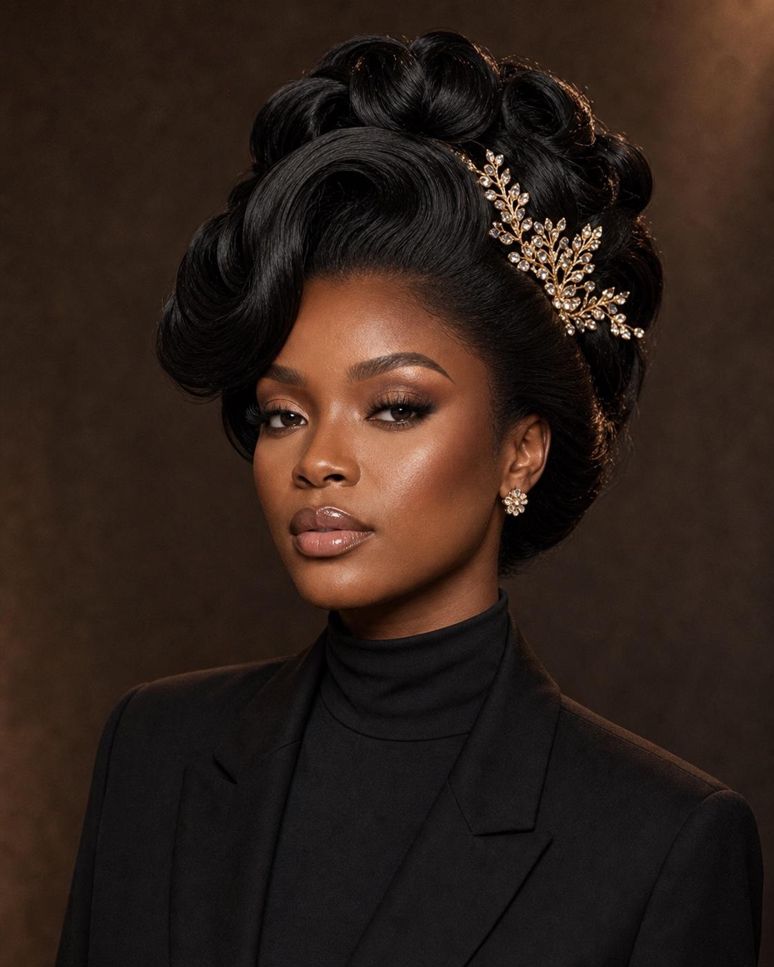Model wearing a sculpted black luxury updo with gold accessories